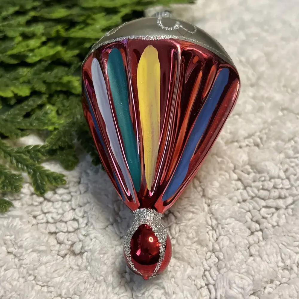 Vintage Blown Glass Glitter Fluted PARACHUTE DROP Christmas Ornament Red Silver